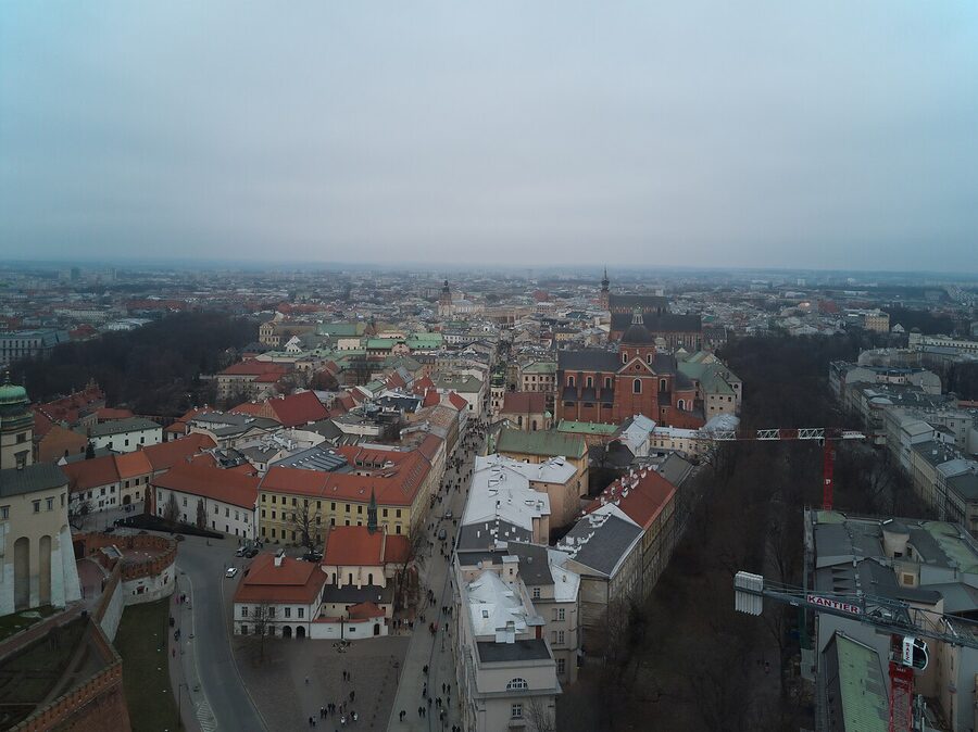Aerial view of Krakow Old Town and Wawel Castle, with the shooting ranges located in the outer industrial districts