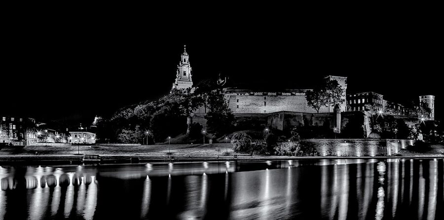 Wawel Castle at night Krakow black and white