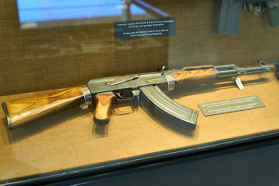 A Soviet AK-47 Kalashnikov automatic rifle on display, the iconic rifle available at Krakow shooting ranges