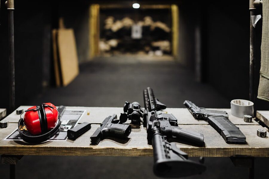 A selection of handguns and rifles laid out on a table with safety gear at an indoor shooting range