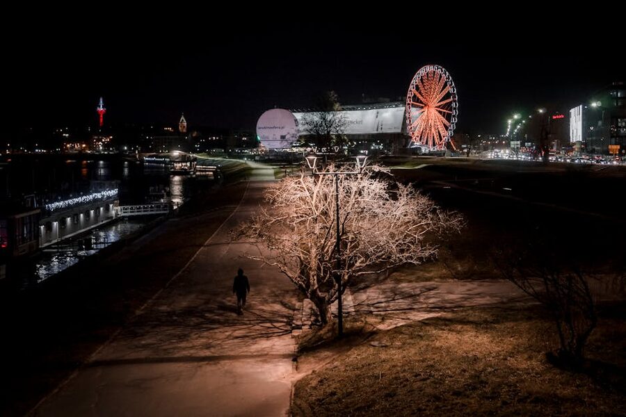 Illuminated Ferris wheel beside the Vistula River in Krakow at night