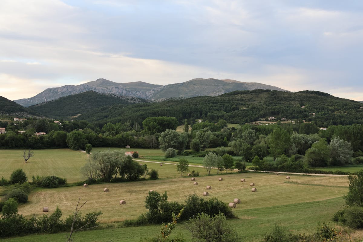 Rural landscape with hay bales and mountains in La Palud-sur-Verdon Provence France