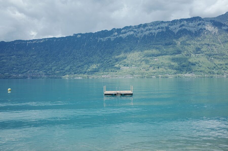 Floating dock on Lake Brienz with mountains