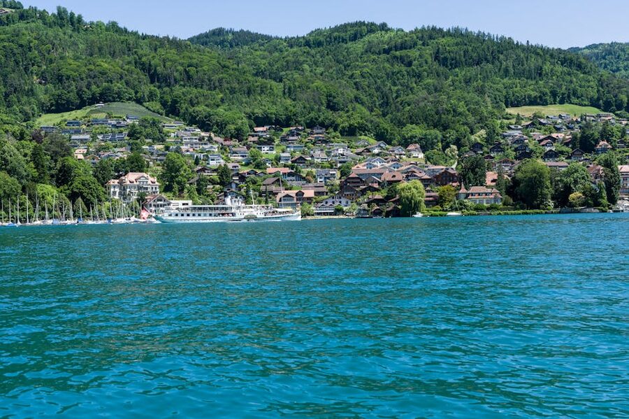 Lake Brienz with Swiss village and hills