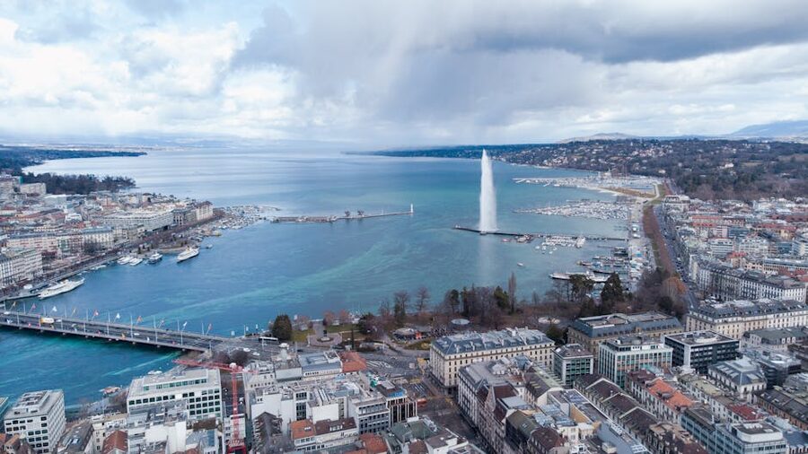 Aerial view of Lake Geneva with Jet d Eau and cityscape