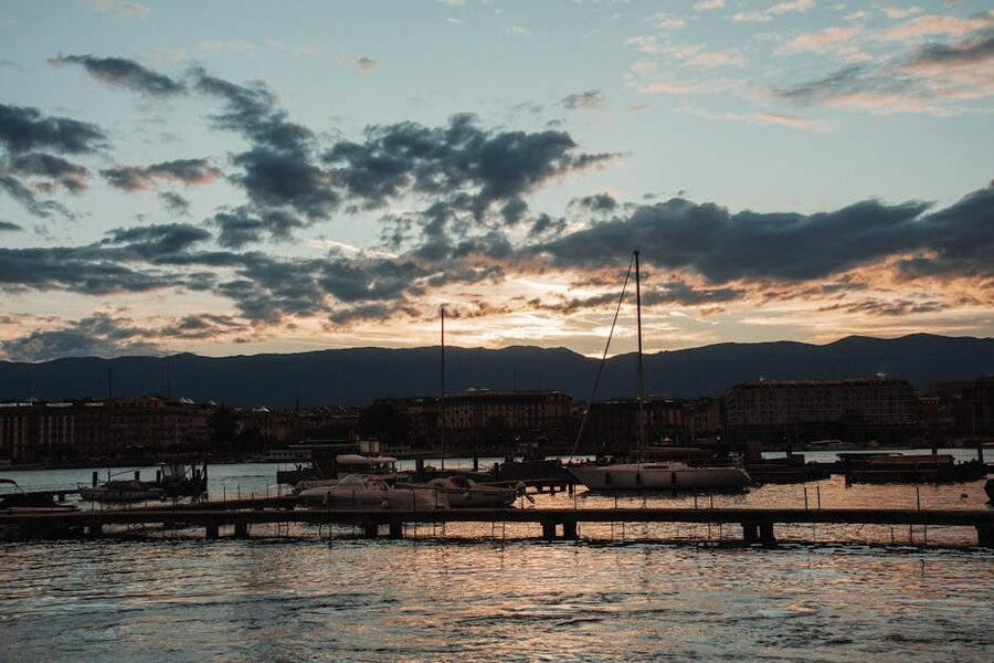 Yachts moored at sunset Lake Geneva marina