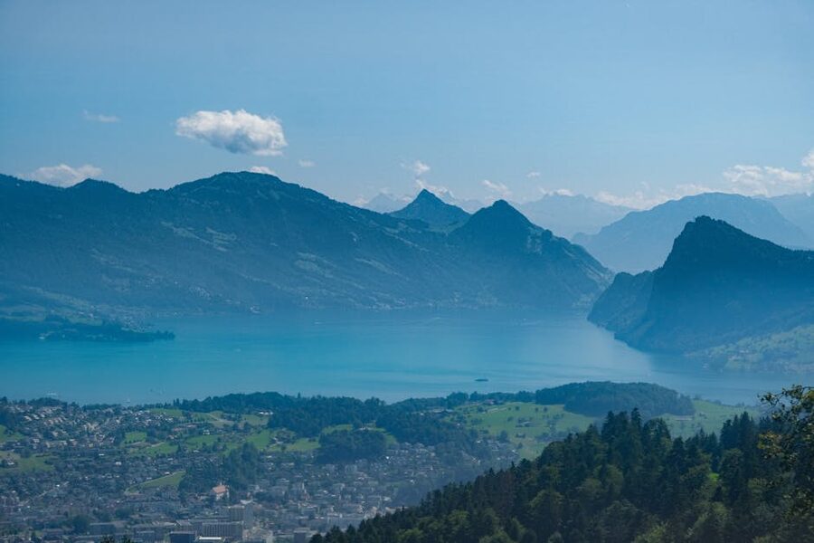 Aerial Lake Lucerne with mountain backdrop Alpnach