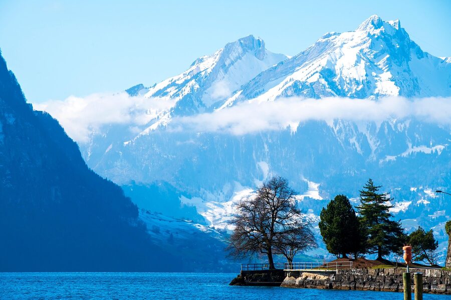 Lake Lucerne and Pilatus mountain in winter snow