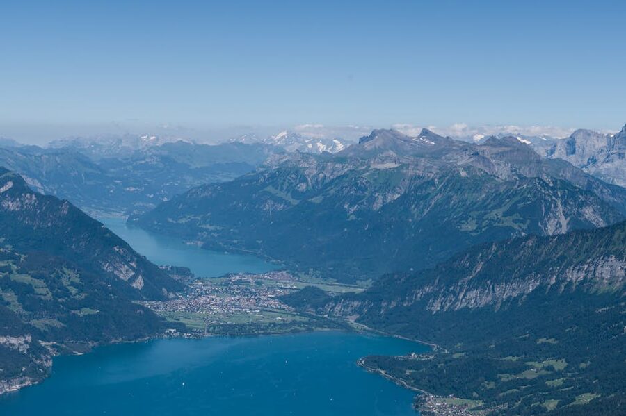 Aerial view of Lake Thun and Swiss Alps