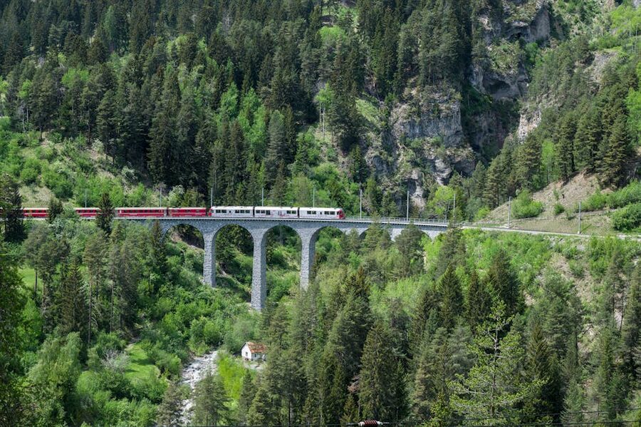 Train crossing Landwasser Viaduct Switzerland