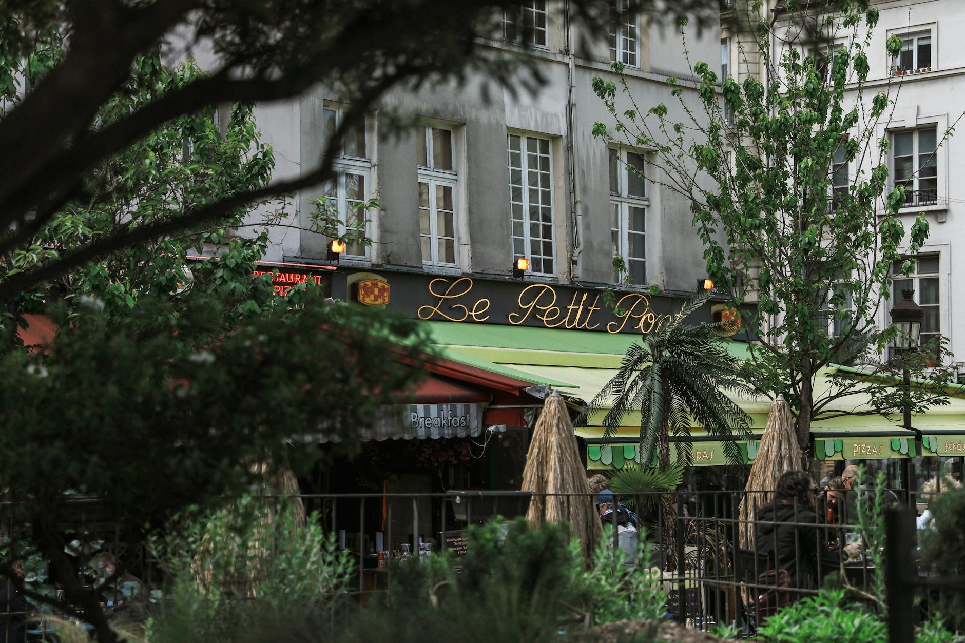 A cozy Parisian sidewalk cafe with greenery in the Latin Quarter