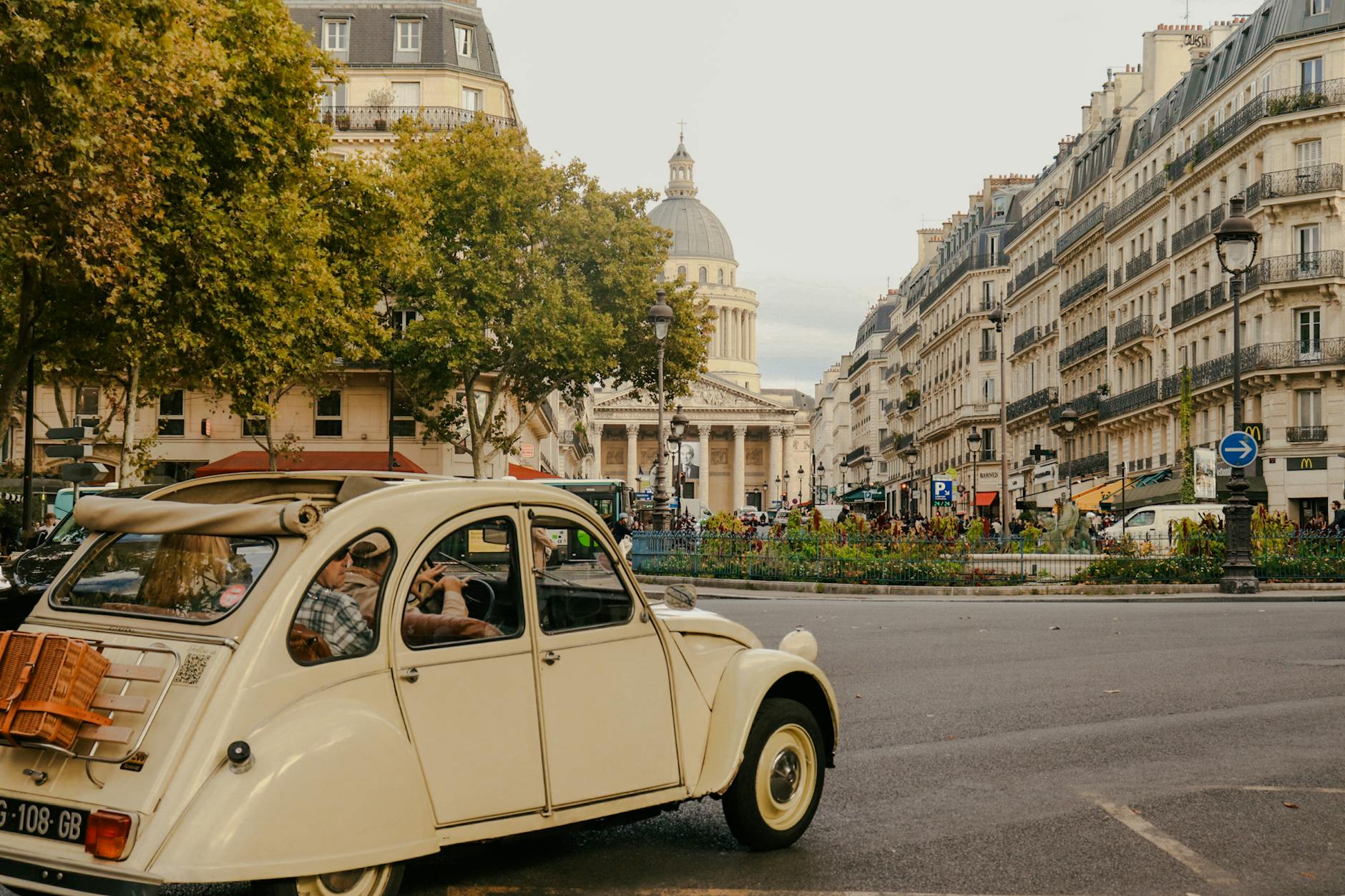 Charming Parisian street with classic architecture and the Pantheon in the background