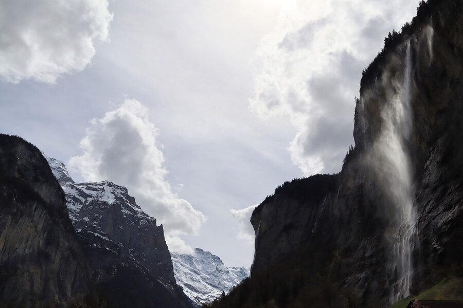 Panoramic view of Lauterbrunnen valley with Jungfrau mountain in background