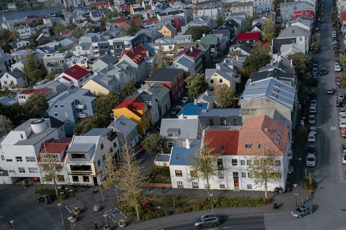 Aerial view of colourful residential rooftops in Reykjavik Iceland