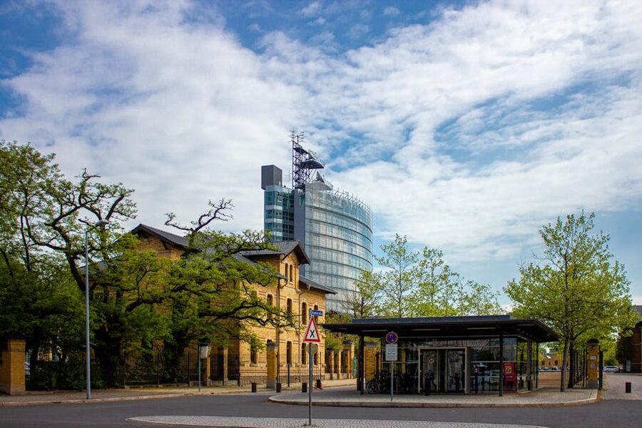 Leipzig street with modern and historic architecture