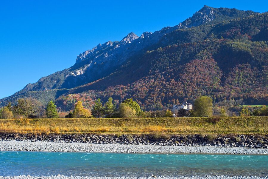 Liechtenstein river castle autumn mountains