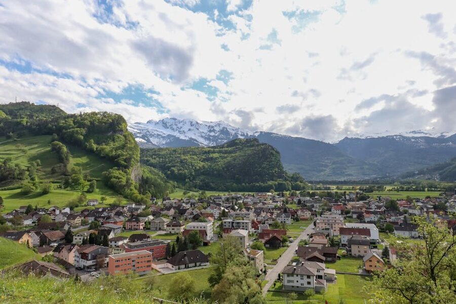 Liechtenstein village with snowcapped mountains