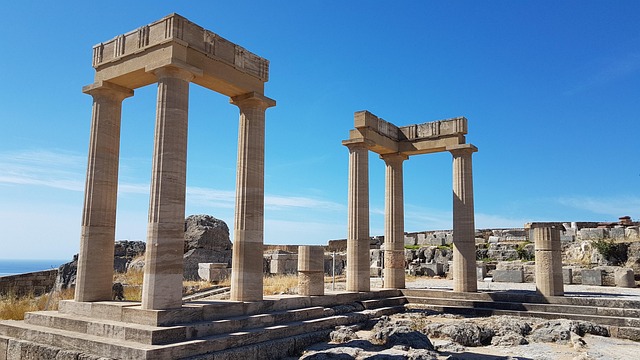 Ruins and columns at the Acropolis of Lindos