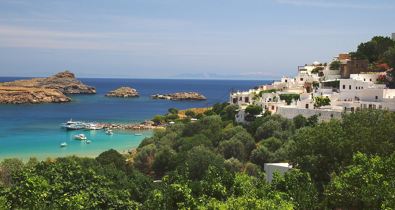 Panoramic view of Lindos bay and old town