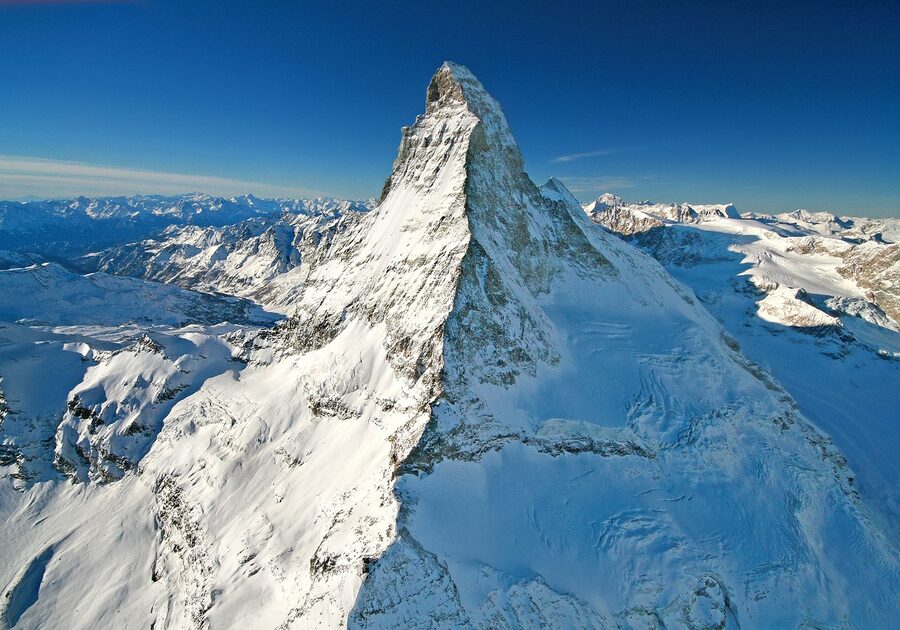 The Matterhorn mountain peak covered in snow