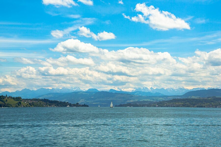 Beautiful view of Lake Zurich with Swiss Alps in the background