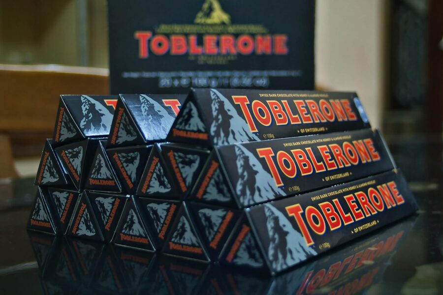 Close-up of stacked Toblerone dark chocolate bars