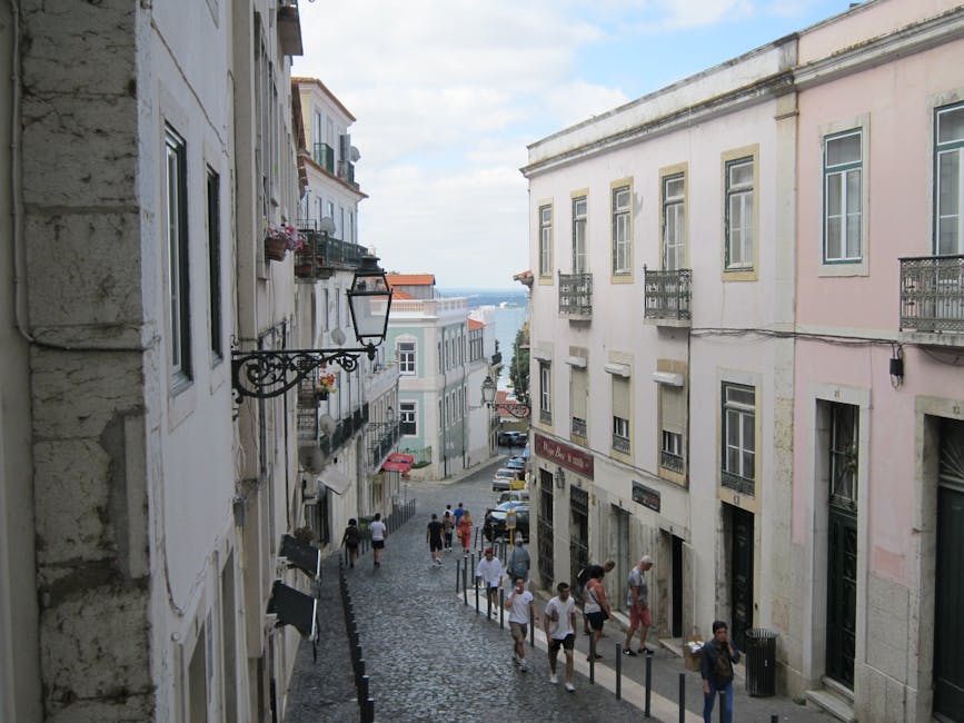Cobblestone alley with stepped lane in Lisbon Portugal