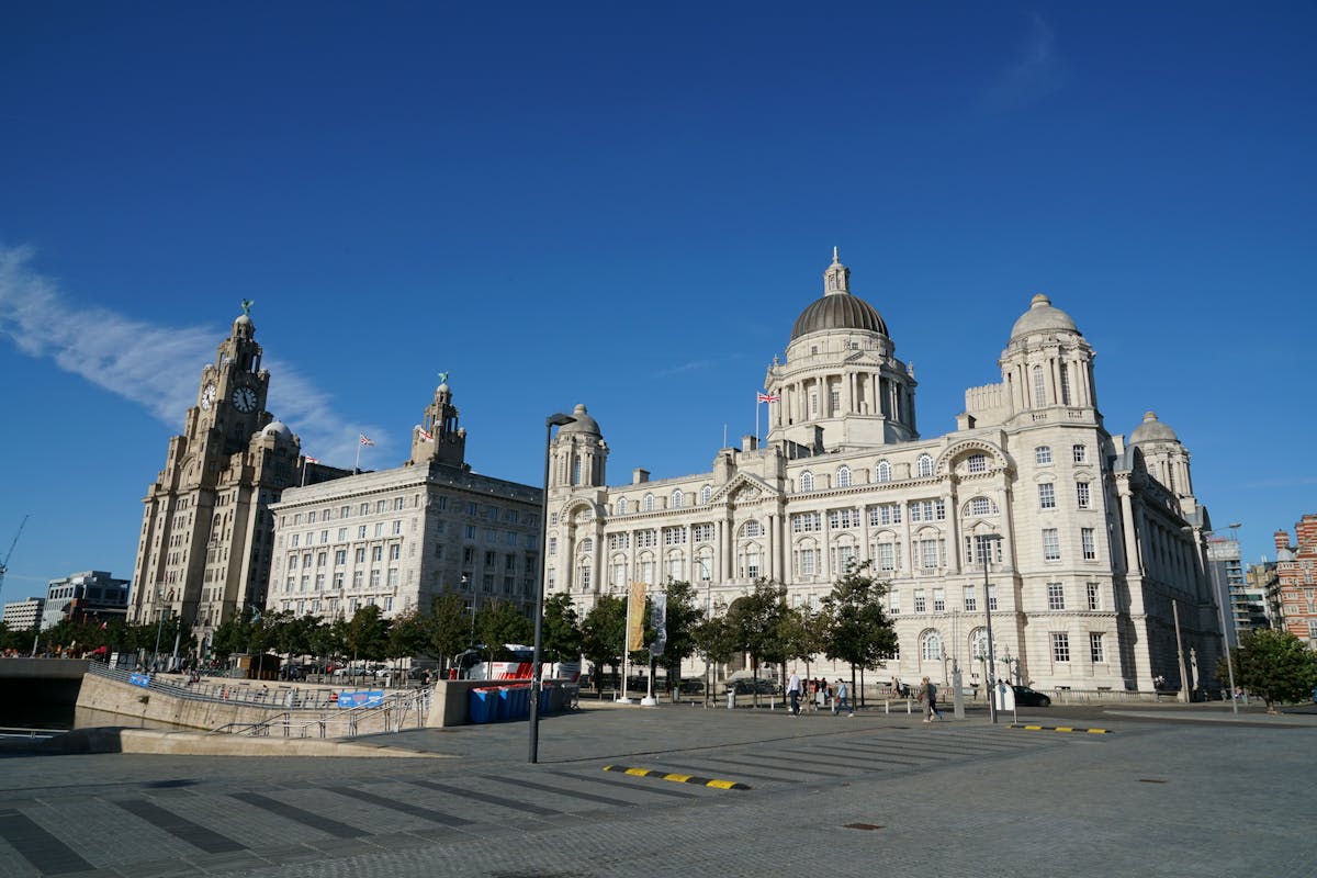 The Three Graces historic buildings overlooking the River Mersey in Liverpool