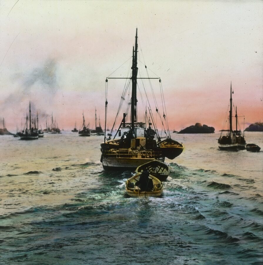 Lofoten fishing boats dawn historical hand-colored