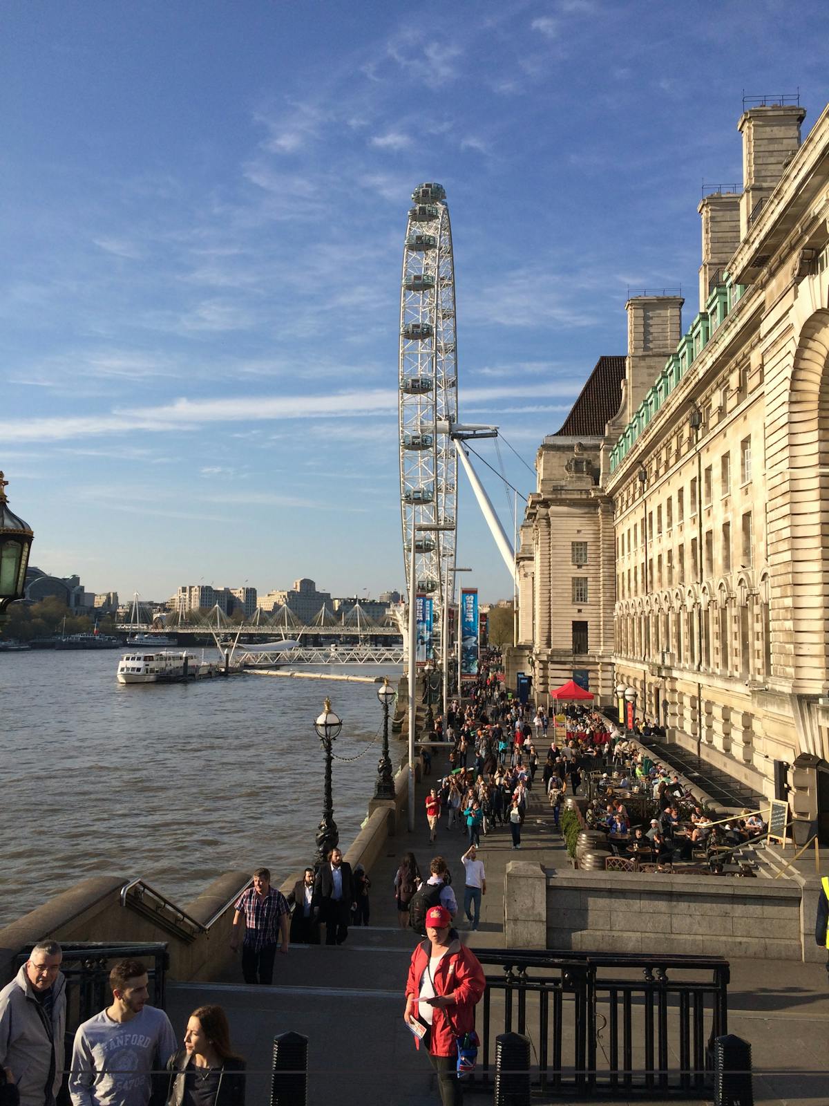 Visitors walking along the South Bank towards the London Eye on a warm afternoon