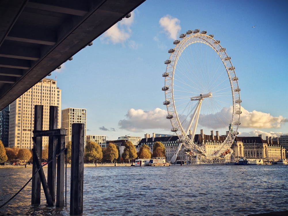 The London Eye observation wheel along the Thames River under a clear blue sky