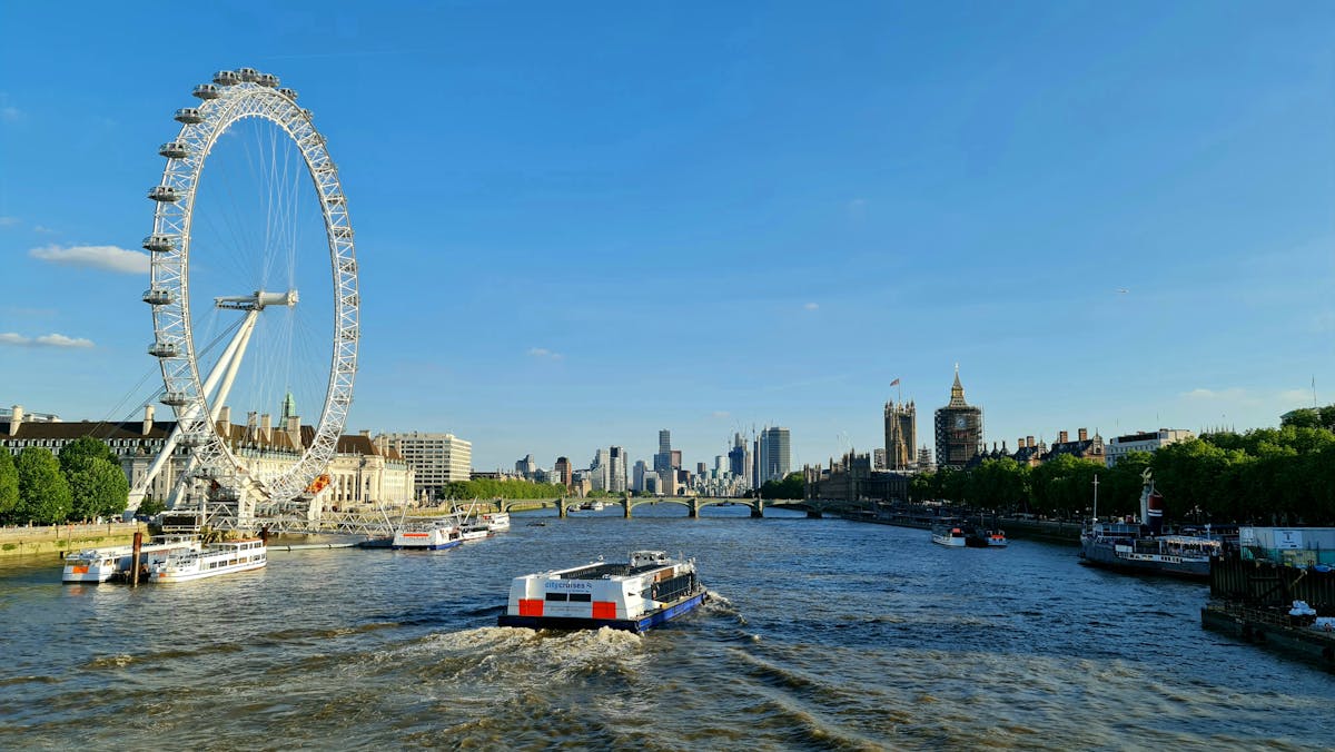 The London Eye ferris wheel and River Thames on a bright sunny day