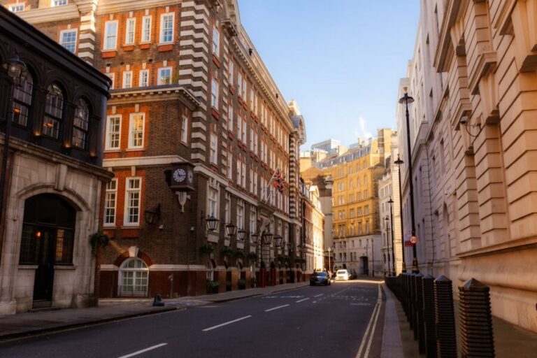 Historic London street with Georgian architecture and pedestrians