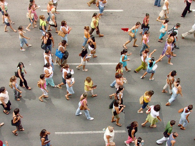 Aerial view of people walking through Trafalgar Square London