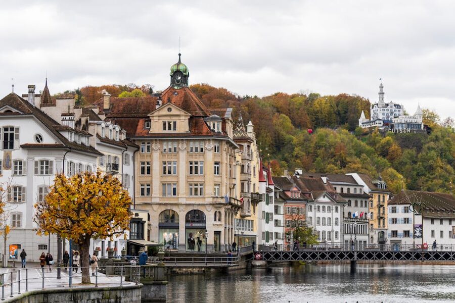 Lucerne waterfront with autumn foliage