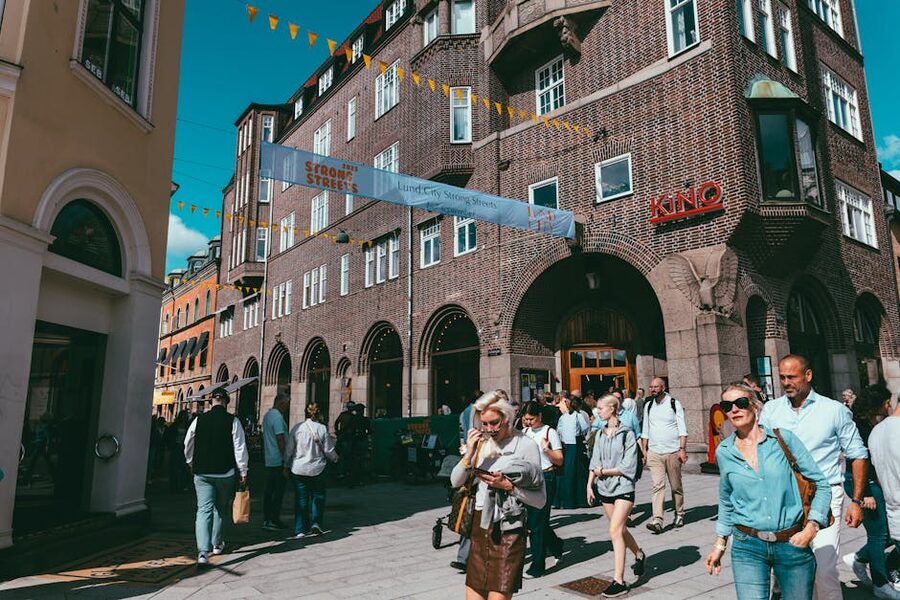 Busy pedestrian street in Lund Sweden