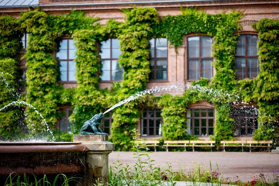 Frog fountain at Lund University courtyard in summer