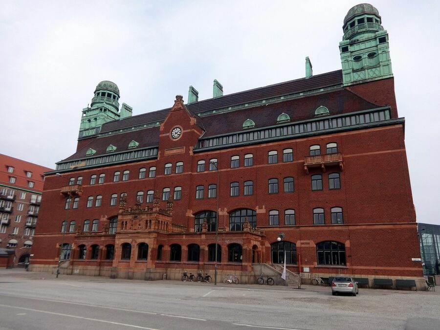 Malmö city landmark scene with brick buildings and Scandinavian architecture