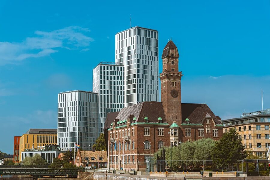 Malmö skyline showing modern skyscrapers next to historic brick buildings