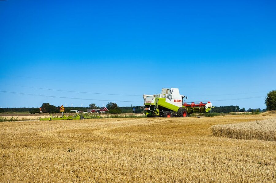 Skåne Sweden summer wheat field with combine harvester