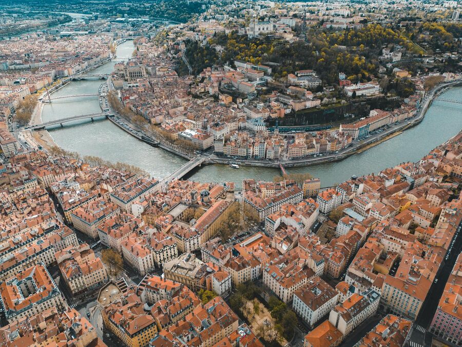 Aerial shot capturing the Rhone and Saone rivers and historic architecture of Lyon