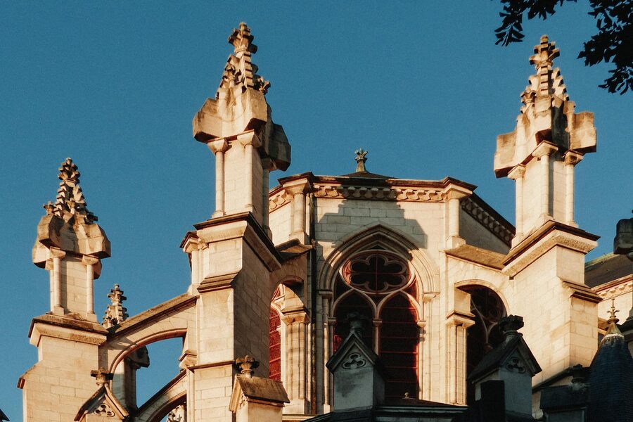 Baroque church in Lyon France during golden sunset light