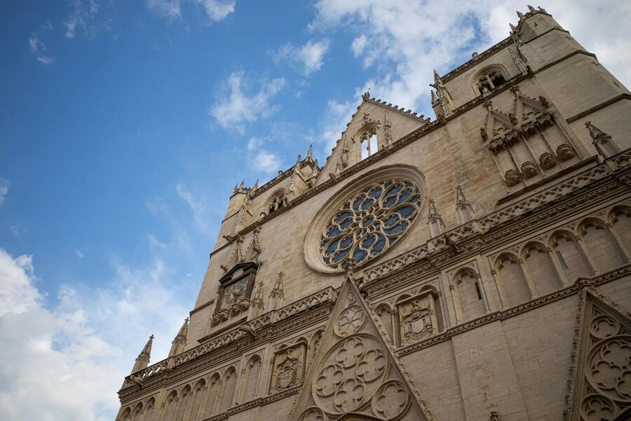 Lyon Cathedral of Saint Jean under a bright blue sky