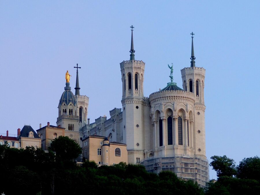 Close-up view of the Fourviere Basilica architecture in Lyon France