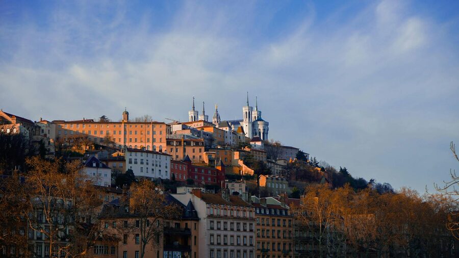 View of Vieux Lyon old town streets with Fourviere basilica rising above