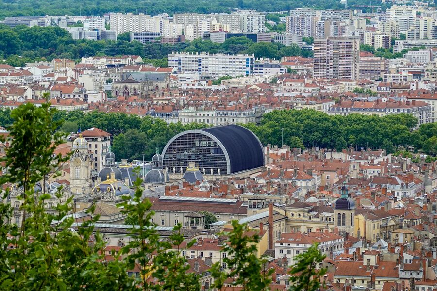 Aerial cityscape of Lyon featuring the Opera National de Lyon