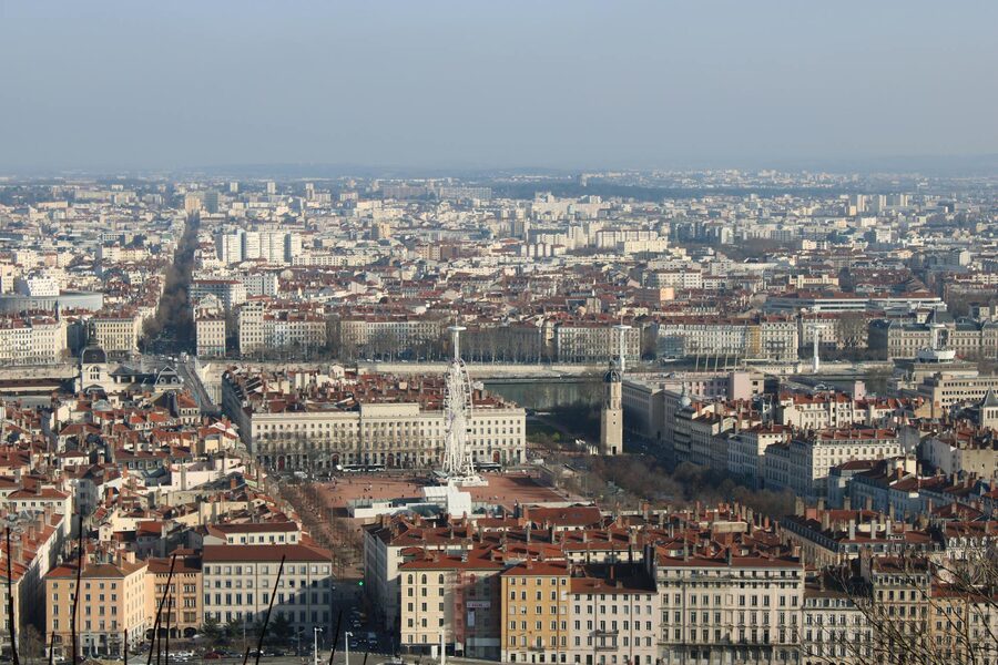 Panoramic aerial view of Lyon cityscape with the Saone river and historic buildings