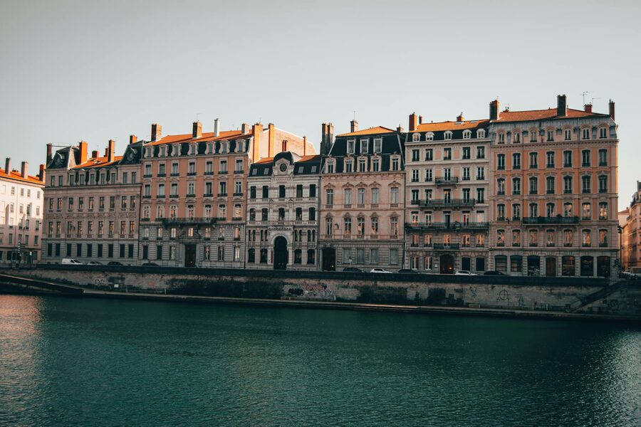 Historic buildings lining the Rhone River in Lyon France