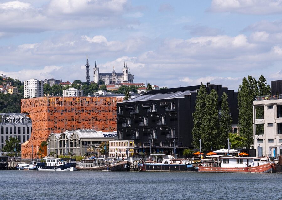 Modern buildings and architecture along the Saone River in Lyon