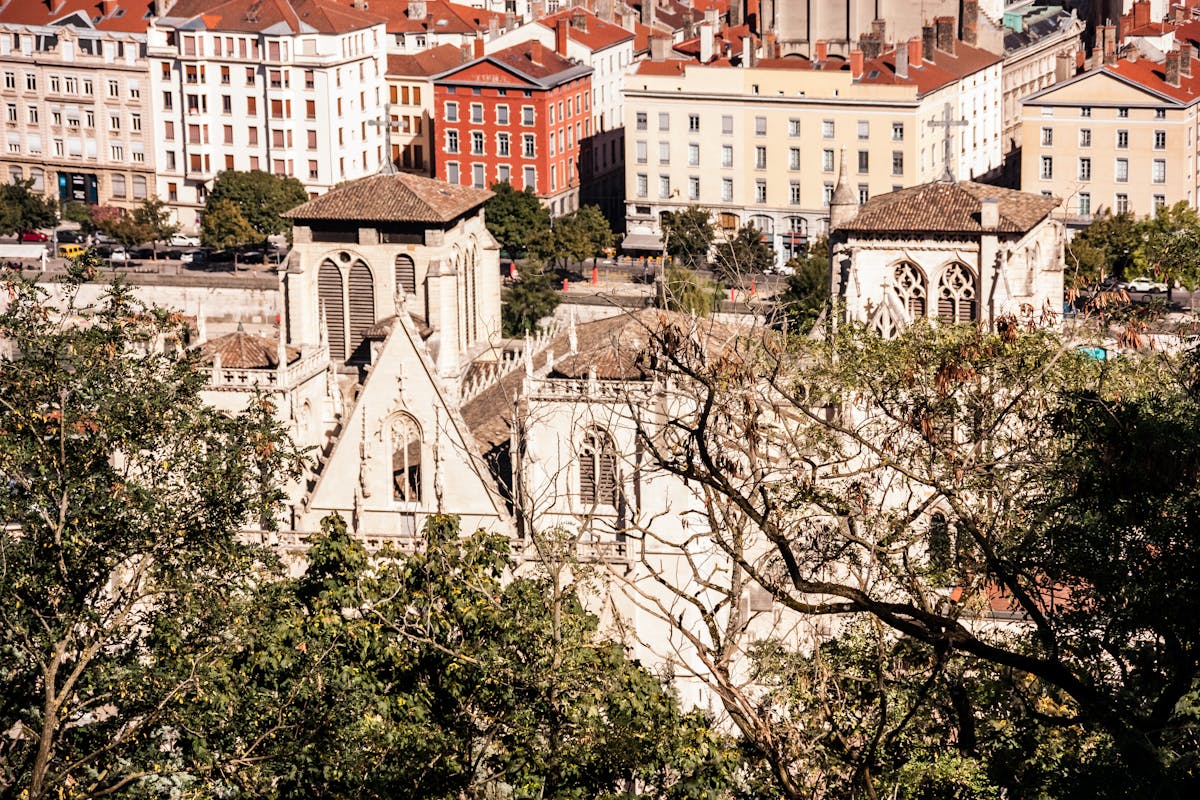 Cathedral of Saint-Jean-Baptiste in Lyon with surrounding architecture